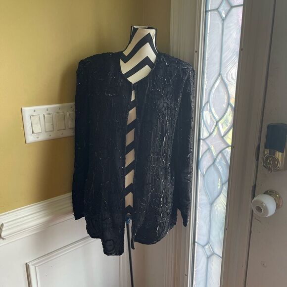 Vintage 1990s JMC 100% silk Beaded Black Cocktail Jacket Size 1X - Picture 2 of 15